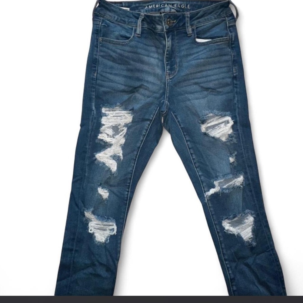 American Eagle Outfitters Men's Dark Blue Ripped Skinny Jeans